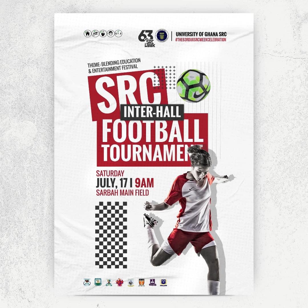 Godfred’s red and white SRC inter-hall football tournament poster
