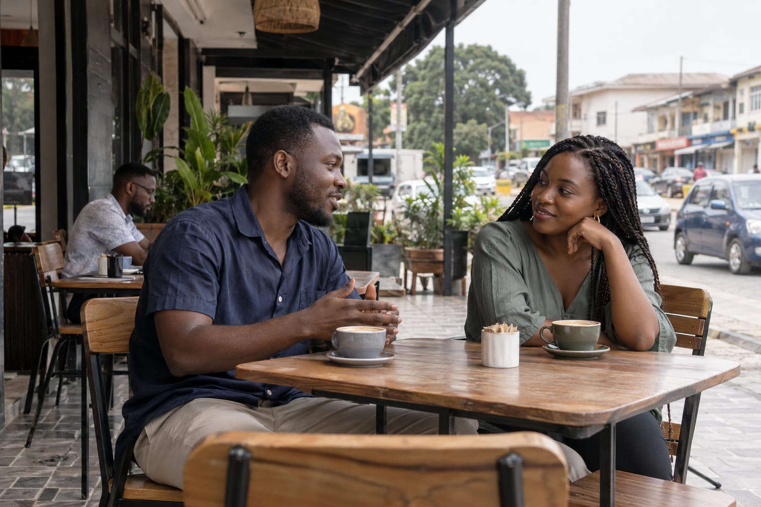 Two people chatting over coffee at a public street-side café.