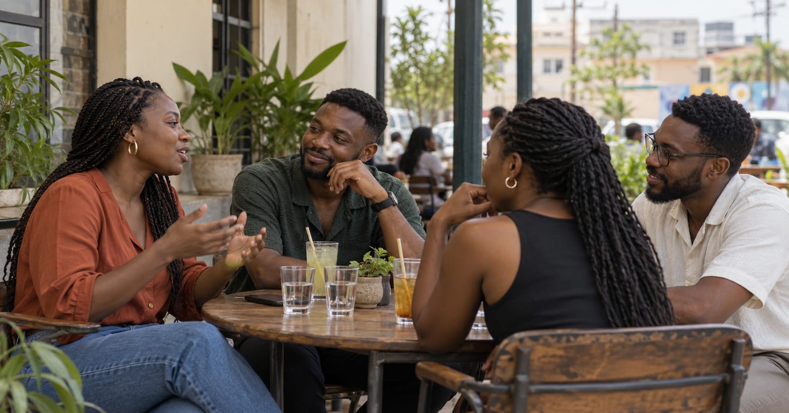 Four friends talking around a café table.